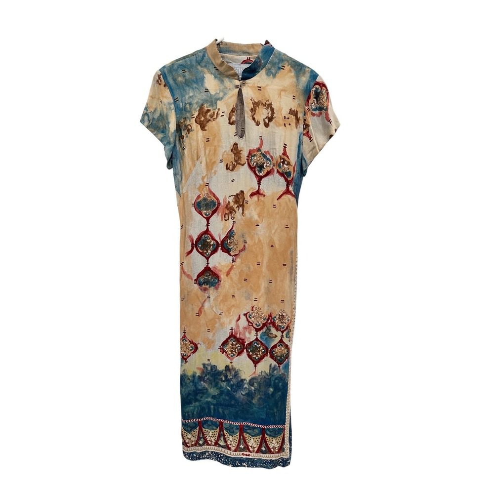 Dorothy Schoelen Platinum Silk‎ Abstract Print Midi Dress Blue Tan Red Size 12